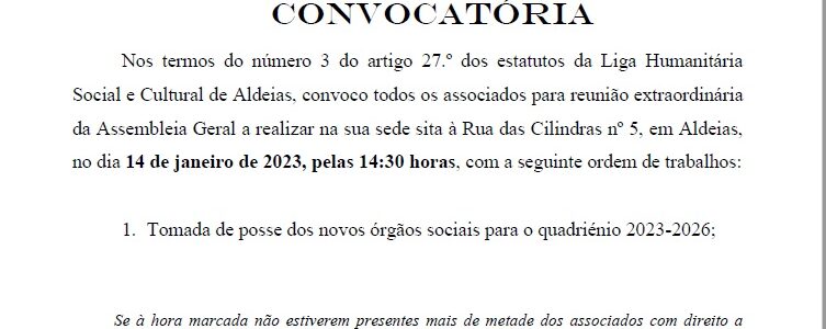 Convocatória Assembleia Geral – Tomada de Posse novos órgãos sociais quadriénio 2023-2026